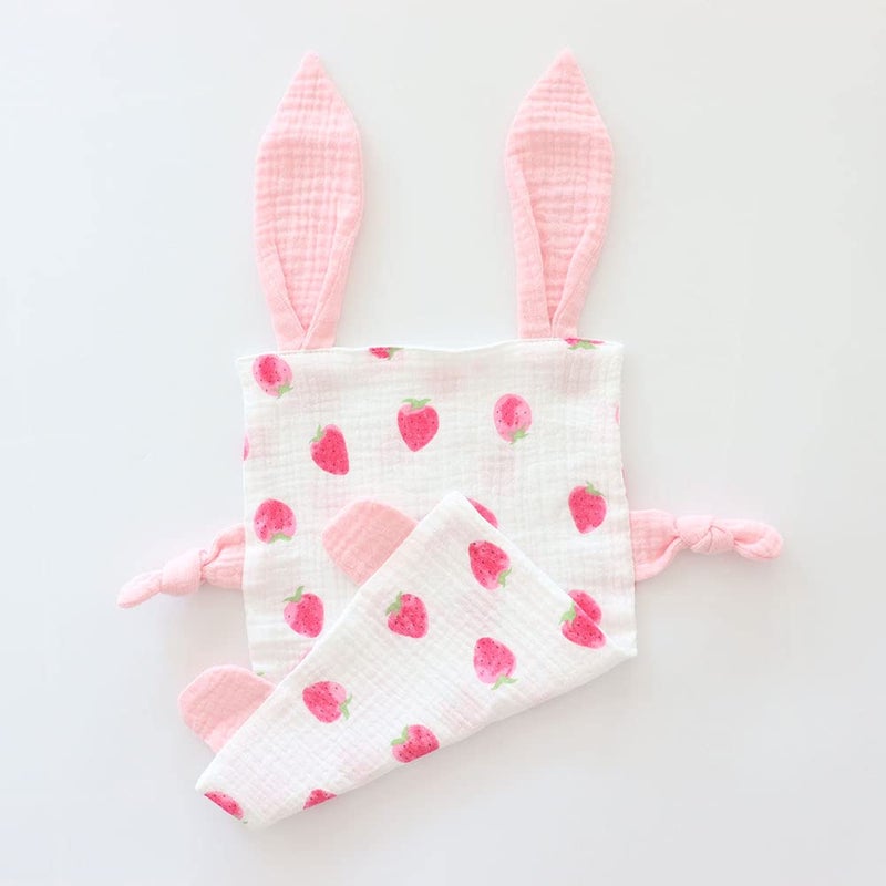Emenpy Bunny Security Blanket for Boys and Girls,Cotton Soft Breathable Muslin Soothing Towel Appeasing Toy for Infant,Newborn Gift,2 Pcs Set (Strawberry&Orange) - Image 2